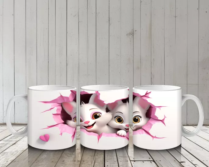 Pembe Çiçeklerle Süslenmiş Kedi Çifti – Baskılı Kahve Kupası