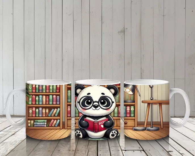 Çocuklara Sütü Sevdiren Kitap Okuyan Sevimli Panda Desenli Kupa Bardak