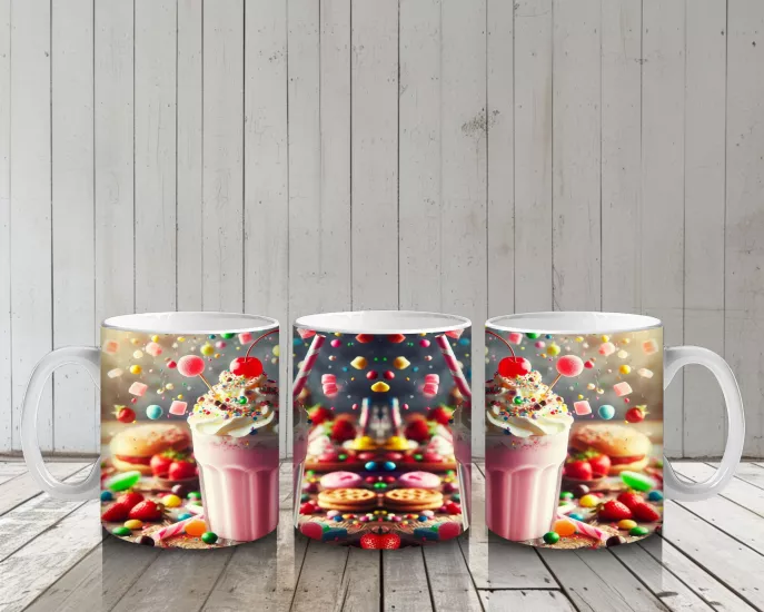 Çocuklara Sütü Sevdiren Renkli Şekerlerle Süslenmiş Milkshake Desenli Kupa Bardak