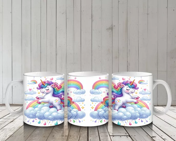 Çocuklara Sütü Sevdiren Gökkuşağında Koşan Sevimli Unicorn Desenli Kupa Bardak