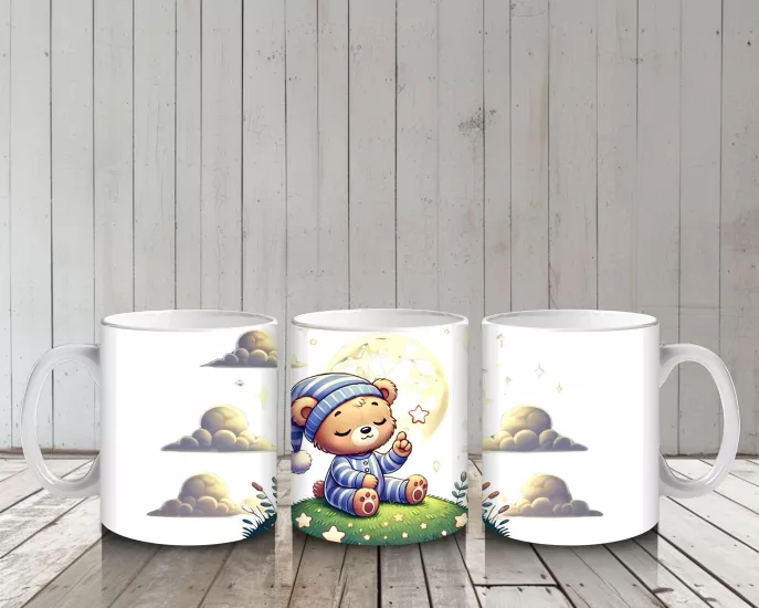 Çocuklara Sütü Sevdiren Yıldız Tutan Pijamalı Ayıcık Desenli Kupa Bardak