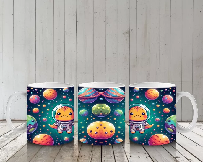 Çocuklara Sütü Sevdiren Sevimli Astronot Dinozor ve Renkli Gezegenler Desenli Kupa Bardak
