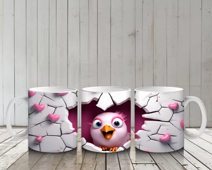 Çocuklara Sütü Sevdiren Kalp Çatlağından Bakan Pembeli Kuş Kupa Bardak