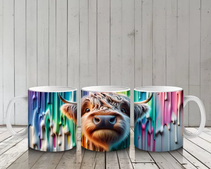 Çocuklara Sütü Sevdiren Boya Şelaleli Highland İneği Kupa Bardak