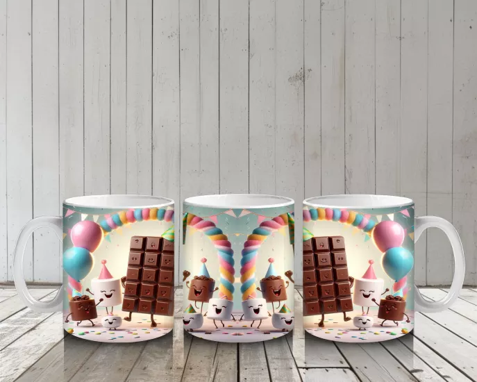 Çocuklara Sütü Sevdiren Parti Şapkalı Çikolata ve Marshmallowlar Desenli Kupa Bardak
