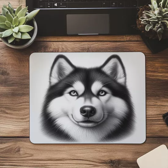 Gri Zeminli Sibirya Kurdu El Çizimi Mousepad - 19x23 cm 2 mm Dikdörtgen İthal Baskılı Mouse Pad