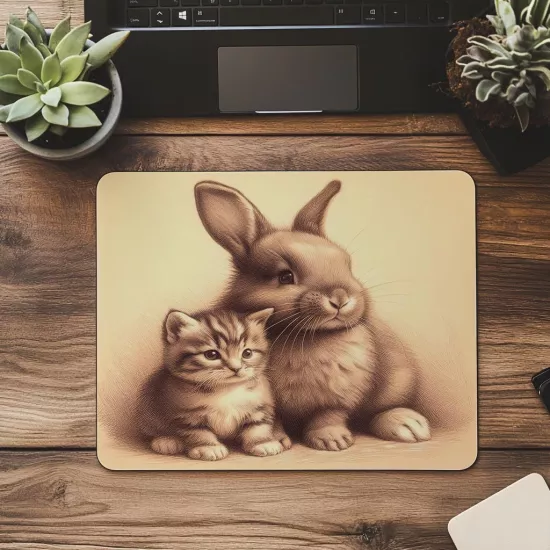 Yanyana Oturan Tavşan ve Kedi Mousepad - 19x23 cm 2 mm Dikdörtgen İthal Baskılı Mouse Pad