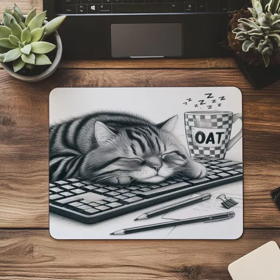 Şirin Uyuyan Kedi Tasarımı – El Çizimi - 19x23 cm 2 mm Dikdörtgen İthal Baskılı Mouse Pad