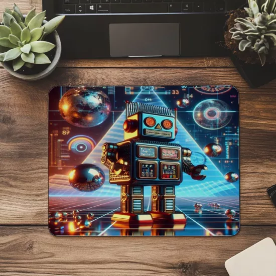 80’ler Stil Metalik Robot Mousepad Tasarımı - 19x23 cm 2 mm Dikdörtgen İthal Baskılı Mouse Pad