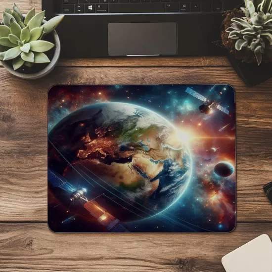 Uydularla Çevrili Gerçekçi Gezegen Mousepad - 19x23 cm 2 mm Dikdörtgen İthal Baskılı Mouse Pad