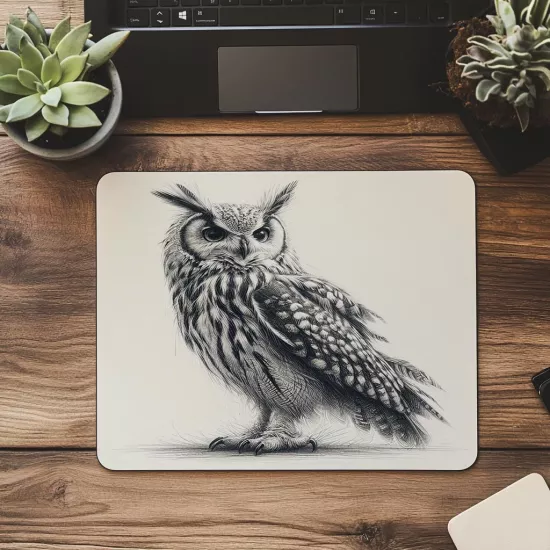 Sade Zeminli El Çizimi Baykuş Tasarımı - 19x23 cm 2 mm Dikdörtgen İthal Baskılı Mouse Pad