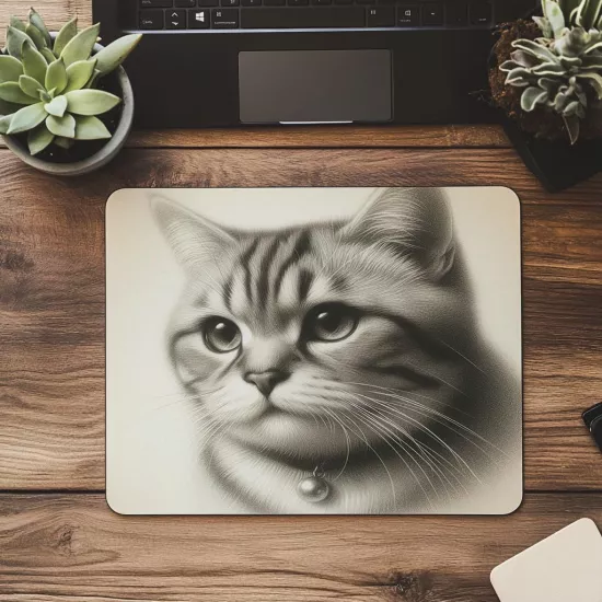 3D Etkili Kalemle Çizilmiş Kedi Mouse Pad - 19x23 cm 2 mm Dikdörtgen İthal Baskılı Mouse Pad