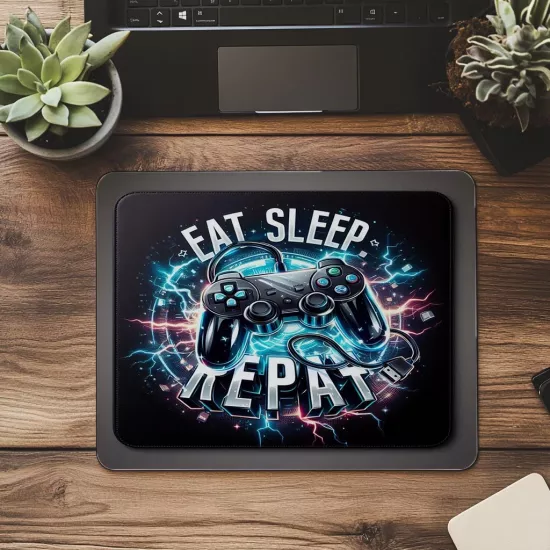 Eat Sleep Game Repeat Mousepad – Gamer Sloganı - 19x23 cm 2 mm Dikdörtgen İthal Baskılı Mouse Pad
