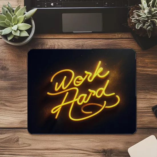Work Hard Yazılı Koyu Zeminli Neon Mousepad - 19x23 cm 2 mm Dikdörtgen İthal Baskılı Mouse Pad