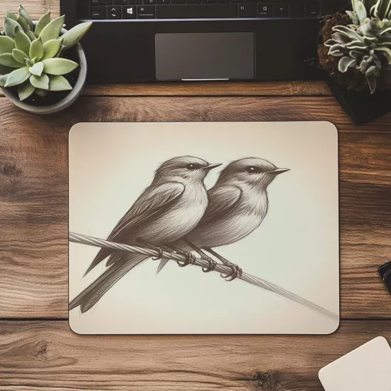 Tel Üzerinde Kuşlar – Minimal Mouse Pad - 19x23 cm 2 mm Dikdörtgen İthal Baskılı Mouse Pad