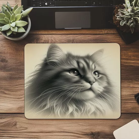 Bej Arka Planlı Karakalem Kedi Tasarımı - 19x23 cm 2 mm Dikdörtgen İthal Baskılı Mouse Pad