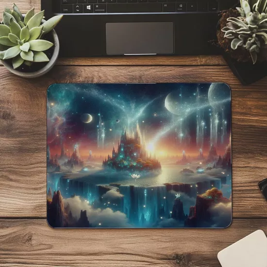 Uzayda Adalar Üzerinde Şelaleli Mousepad - 19x23 cm 2 mm Dikdörtgen İthal Baskılı Mouse Pad