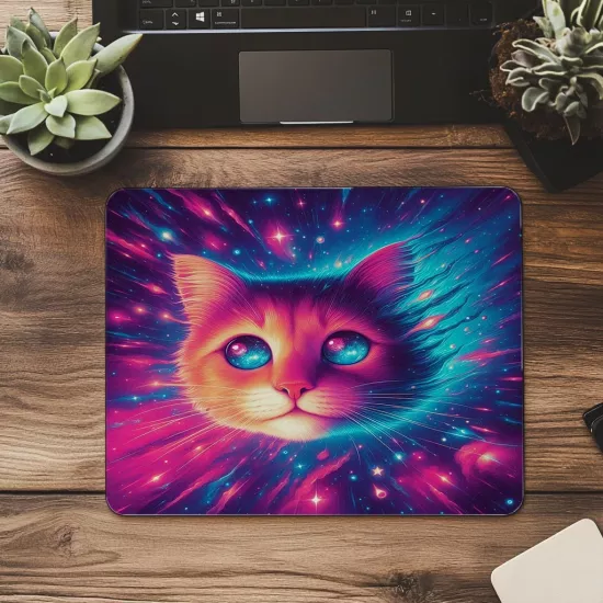 Yüzen Tatlı Uzay Kedisi Mousepad Tasarımı - 19x23 cm 2 mm Dikdörtgen İthal Baskılı Mouse Pad