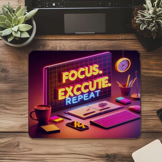 Focus Execute Repeat Temalı Renkli Motivasyon Mousepad - 19x23 cm 2 mm Dikdörtgen İthal Baskılı Mouse Pad