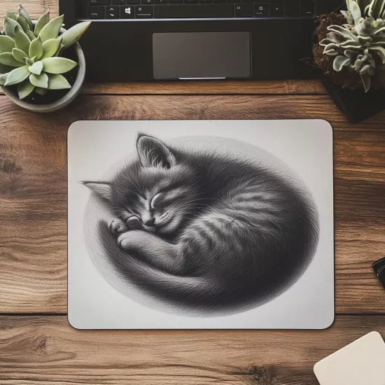 Uyuyan Kedi Çizimli Mousepad – Karakalem Tarz - 19x23 cm 2 mm Dikdörtgen İthal Baskılı Mouse Pad