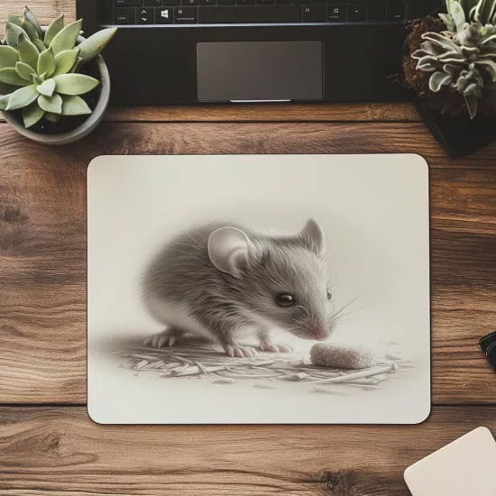 Gri Vinyet Zeminli Fare Portresi Mousepad - 19x23 cm 2 mm Dikdörtgen İthal Baskılı Mouse Pad