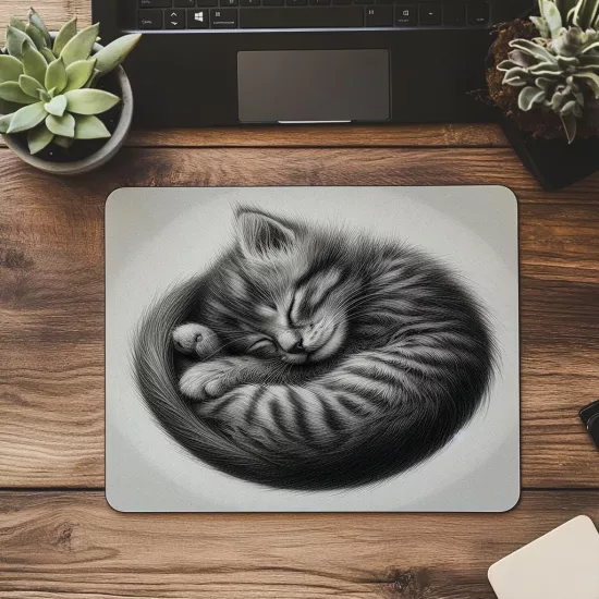 Kıvrılmış Kedi Portresi Mousepad - 19x23 cm 2 mm Dikdörtgen İthal Baskılı Mouse Pad