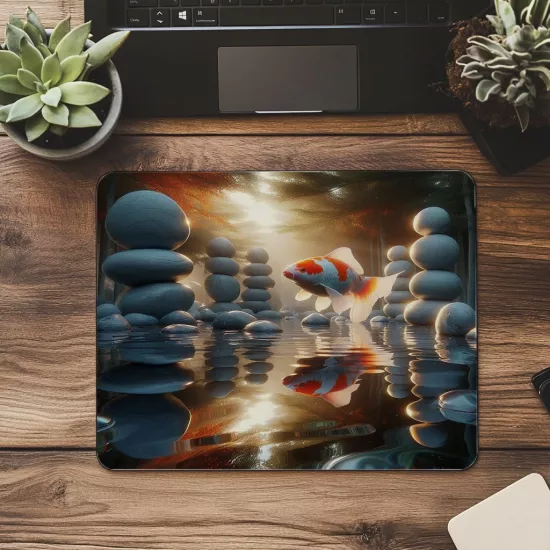 Dairesel Yüzüşlü Koi Balığı Mousepad - 19x23 cm 2 mm Dikdörtgen İthal Baskılı Mouse Pad