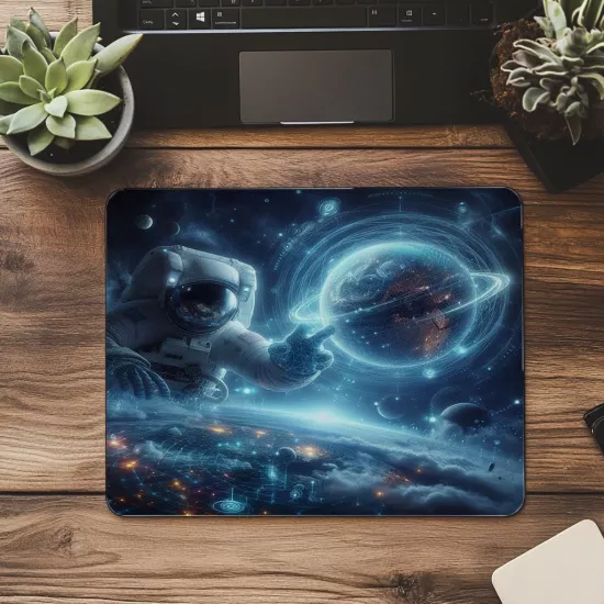 Teknolojik Evren ve Astronot Mouse Pad - 19x23 cm 2 mm Dikdörtgen İthal Baskılı Mouse Pad