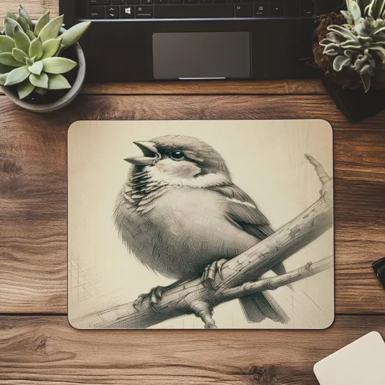 Dalda Oturan Serçe Çizimli Mousepad – Minimal Tarz - 19x23 cm 2 mm Dikdörtgen İthal Baskılı Mouse Pad
