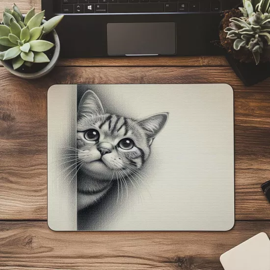 Karakalem Tarzı Kedili Mouse Pad Tasarımı - 19x23 cm 2 mm Dikdörtgen İthal Baskılı Mouse Pad