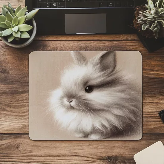 Sevimli Tavşan Çizimli Mousepad – Karakalem Etkili - 19x23 cm 2 mm Dikdörtgen İthal Baskılı Mouse Pad