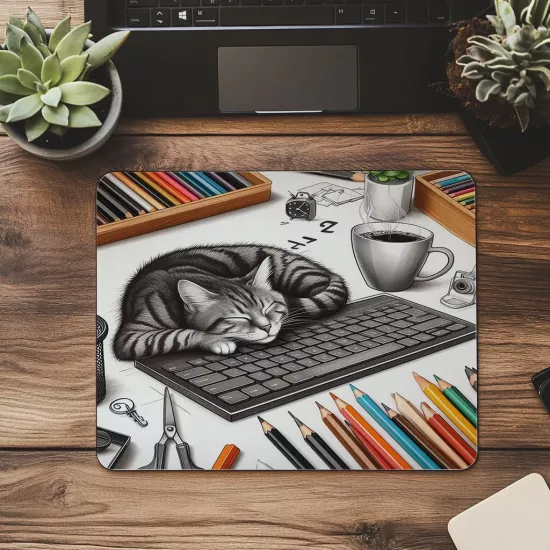 Ofis Masasında Kedi Karakalem Mousepad - 19x23 cm 2 mm Dikdörtgen İthal Baskılı Mouse Pad