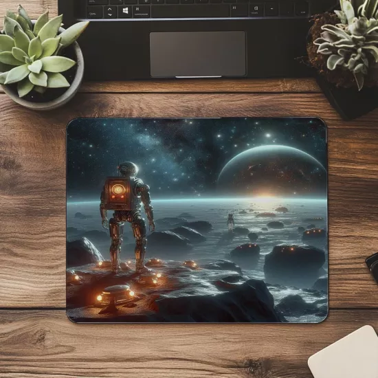 Yıldızlara Bakan Robot Temalı Mouse Pad - 19x23 cm 2 mm Dikdörtgen İthal Baskılı Mouse Pad