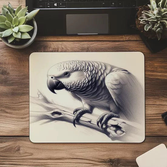 Dalda Oturan Papağan Mousepad – Kalemle Çizilmiş - 19x23 cm 2 mm Dikdörtgen İthal Baskılı Mouse Pad