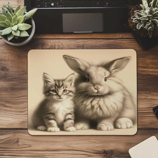 Krem Zemin Üzerine İkili Hayvan Figürü - 19x23 cm 2 mm Dikdörtgen İthal Baskılı Mouse Pad