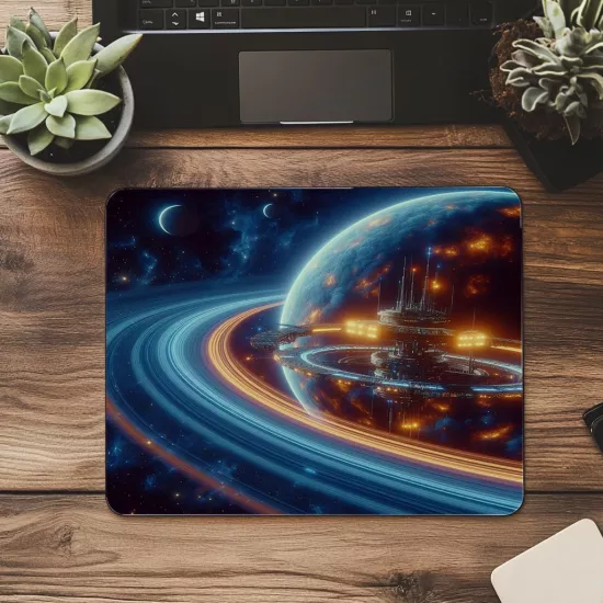 Turuncu-Mavi Işıklı Gezegen Manzaralı Mousepad - 19x23 cm 2 mm Dikdörtgen İthal Baskılı Mouse Pad