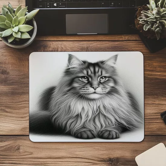 Dik Oturan Kedi Figürü – Kalem Çizimli Mouse Pad - 19x23 cm 2 mm Dikdörtgen İthal Baskılı Mouse Pad