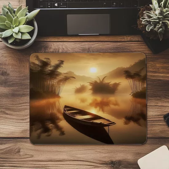 Bambu Arasında Kayık Manzaralı Mousepad - 19x23 cm 2 mm Dikdörtgen İthal Baskılı Mouse Pad