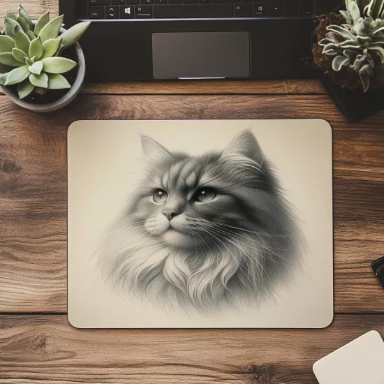 Karakalem Kedi Çizimli Mousepad – Sanatsal Tasarım - 19x23 cm 2 mm Dikdörtgen İthal Baskılı Mouse Pad
