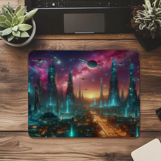 Nebula Arka Planlı Fütüristik Şehir Mouse Pad - 19x23 cm 2 mm Dikdörtgen İthal Baskılı Mouse Pad