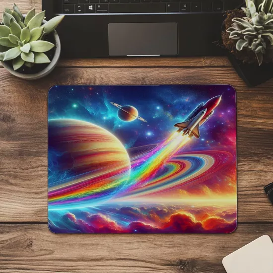 Gökkuşağı Egzozlu Uzay Aracı Mouse Pad - 19x23 cm 2 mm Dikdörtgen İthal Baskılı Mouse Pad