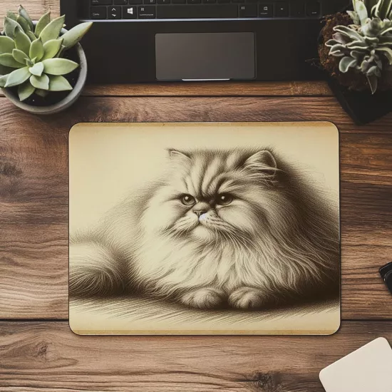 Sepya Tonlu Yatar Pozdaki Kedi Çizimi - 19x23 cm 2 mm Dikdörtgen İthal Baskılı Mouse Pad
