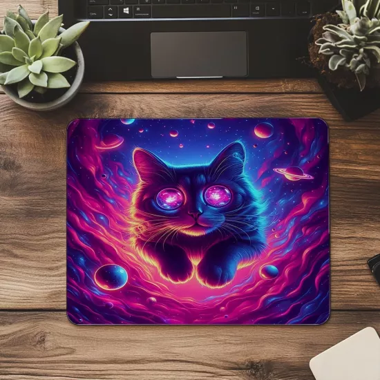 Neon Renkli Kozmik Kedi Mouse Pad - 19x23 cm 2 mm Dikdörtgen İthal Baskılı Mouse Pad