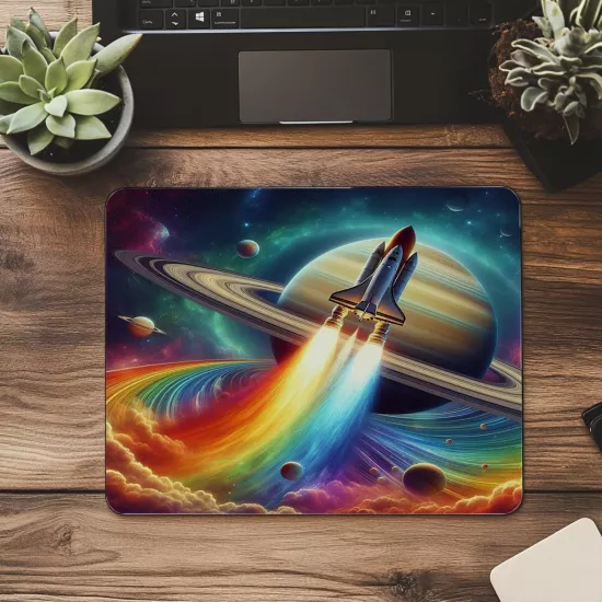 Satürn Yörüngesinde Renkli Roket Mousepad - 19x23 cm 2 mm Dikdörtgen İthal Baskılı Mouse Pad
