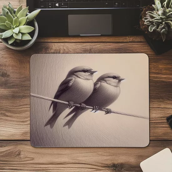 Yan Yana Oturan İki Serçe Çizimli Mousepad - 19x23 cm 2 mm Dikdörtgen İthal Baskılı Mouse Pad