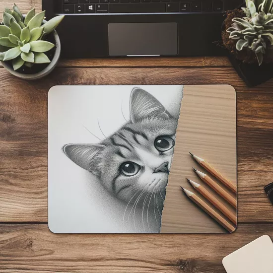Köşeden Bakan Meraklı Kedi Mousepad - 19x23 cm 2 mm Dikdörtgen İthal Baskılı Mouse Pad