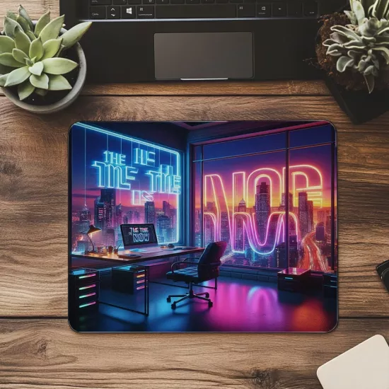 Neon Işıklı Motivasyon Mousepad – The Time Is Now - 19x23 cm 2 mm Dikdörtgen İthal Baskılı Mouse Pad