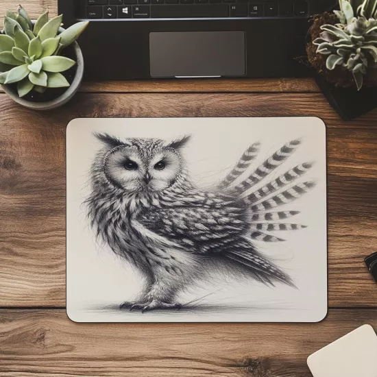 Baykuş Figürlü Karakalem Mousepad – Doğal Doku - 19x23 cm 2 mm Dikdörtgen İthal Baskılı Mouse Pad