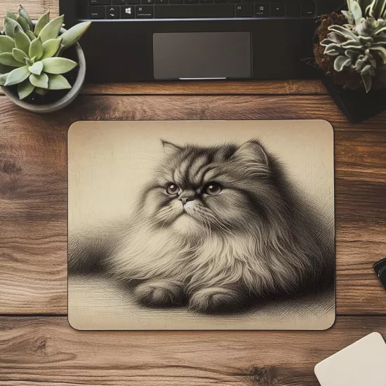 Persian Cat Temalı Karakalem Mouse Pad - 19x23 cm 2 mm Dikdörtgen İthal Baskılı Mouse Pad