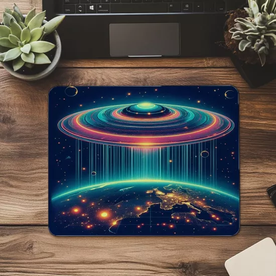 Dünya Üzerinde Uçan Daire Mouse Pad - 19x23 cm 2 mm Dikdörtgen İthal Baskılı Mouse Pad